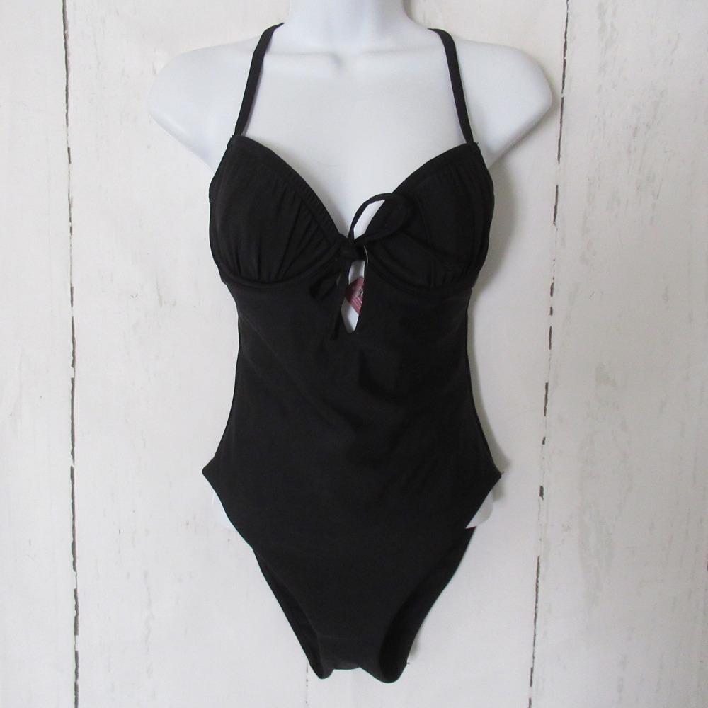 New Adore Me Swimsuit S Black One Piece Strappy Tie Back Cutout Minimalist